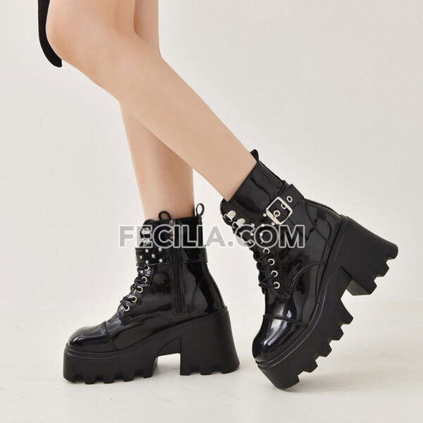 Giày Bốt Nữ Martin buộc dây đế vuông cao 8cm màu Đen BOOTSNU079