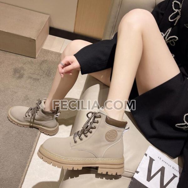 Giày Bốt Nữ Martin da lộn thời trang, cổ lửng đế bằng, buộc dây mũi tròn BOOTSNU095
