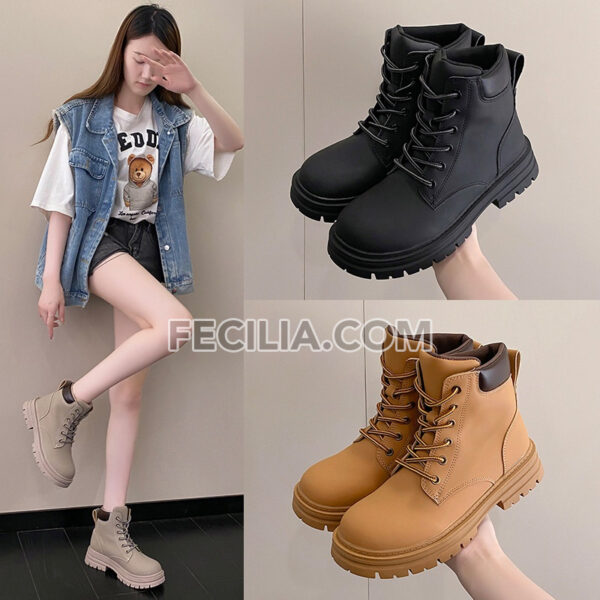 Giày Bốt Nữ Martin da lộn thời trang, cổ lửng đế bằng, buộc dây mũi tròn BOOTSNU095