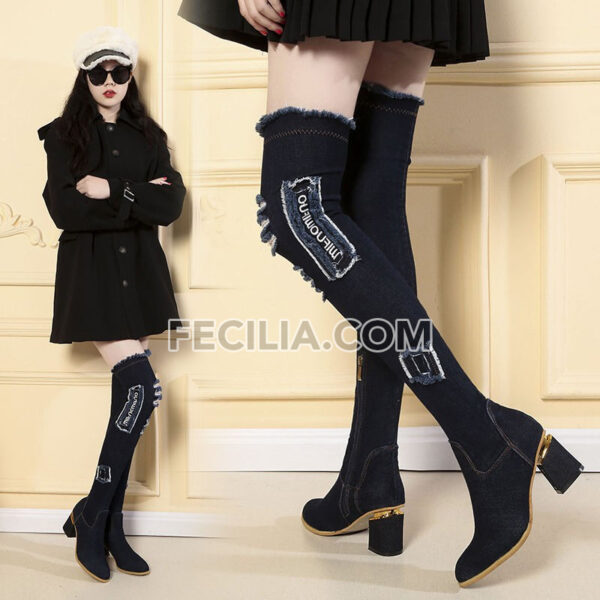 Giày Bốt Nữ vải Jean cổ cao qua đầu gối phong cách Hàn Quốc BOOTSNU132
