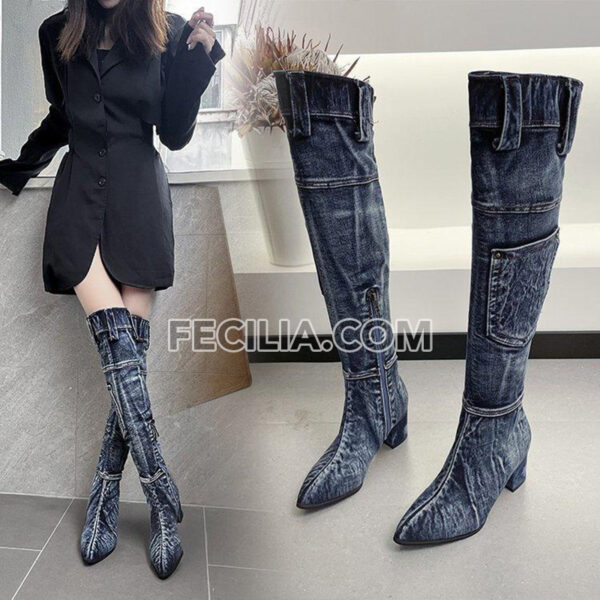 Giày Bốt Vải Denim cổ cao qua đầu gối cho Nữ BOOTSNU134