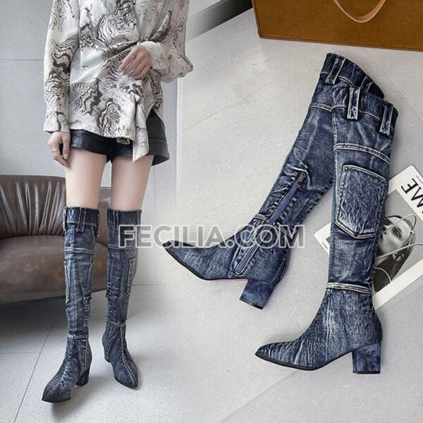Giày Bốt Vải Denim cổ cao qua đầu gối cho Nữ BOOTSNU134