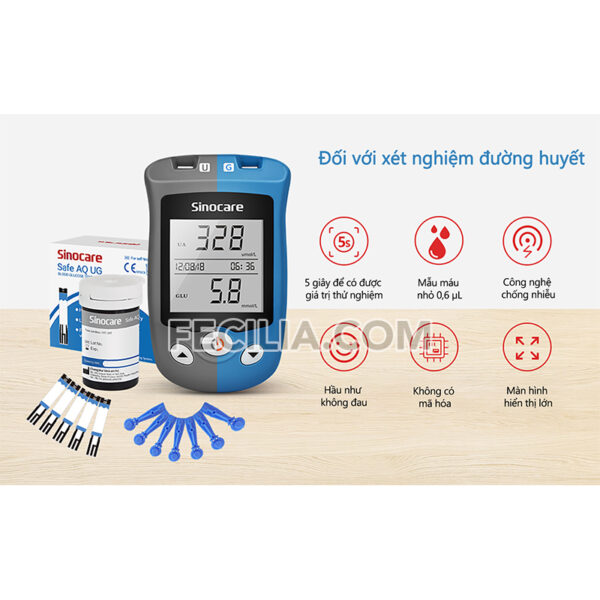 Máy đo đường huyết và Axid Uric Sinocare Safe AQ UG 2 trong 1