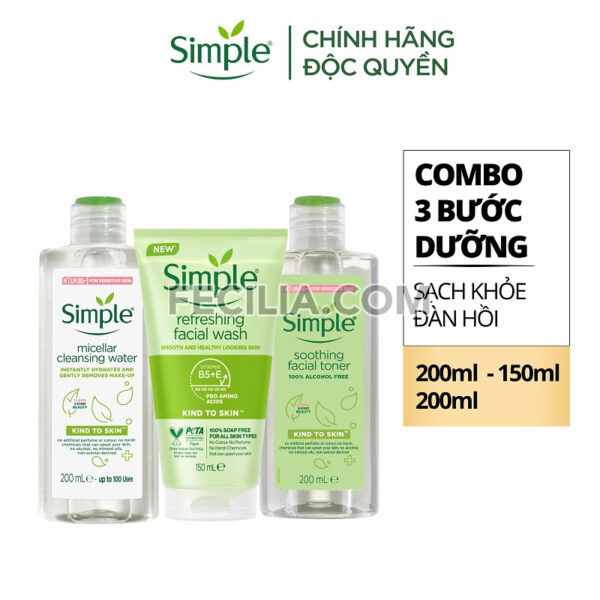 Combo Simple Tẩy trang + Sữa rửa mặt + Nước hoa hồng cho da sạch khỏe |NTT041