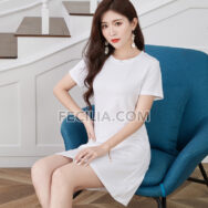 Đầm có Tay vải thun Form rộng cổ tròn Trắng - Đen - Hồng |FAW454