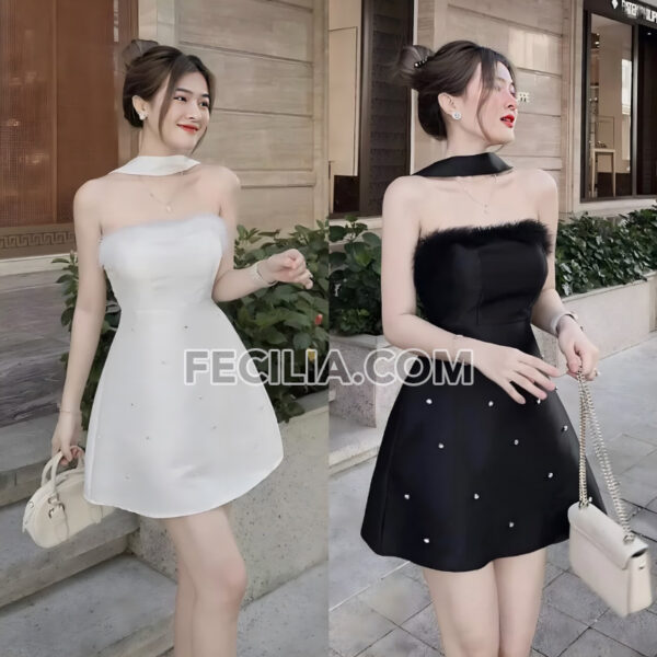 Đầm cúp ngực trắng đen xòe chữ A dự tiệc sang chảnh | FAW410