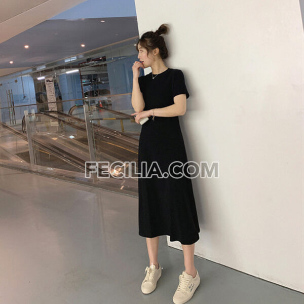 Đầm dài suông đen chất vải co giãn xẻ 1 bên |FAW391