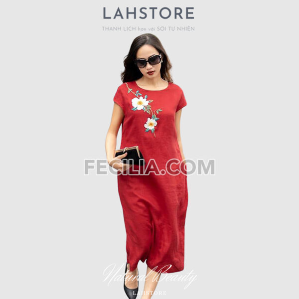 Đầm Linen Nữ LAHSTORE, đầm trung niên dự tiệc thêu hoa đỏ tươi |FAW372