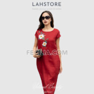 Đầm Linen Nữ LAHSTORE, đầm trung niên dự tiệc thêu hoa đỏ tươi |FAW372