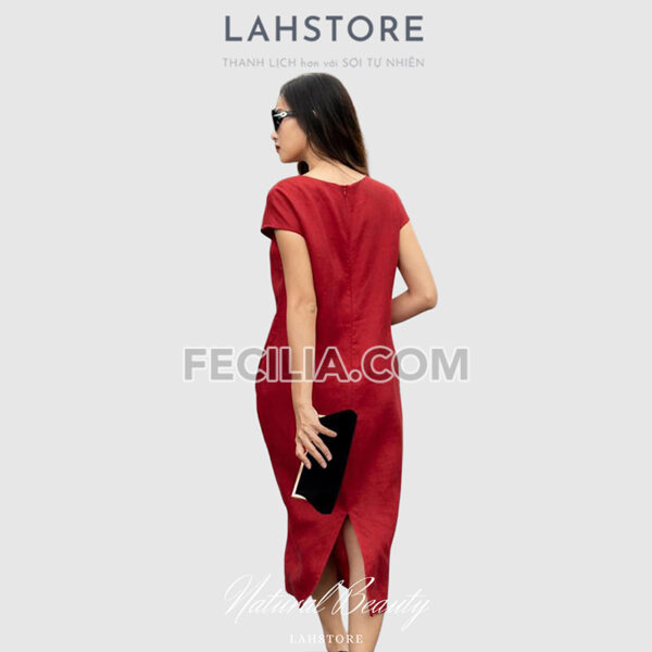 Đầm Linen Nữ LAHSTORE, đầm trung niên dự tiệc thêu hoa đỏ tươi |FAW372