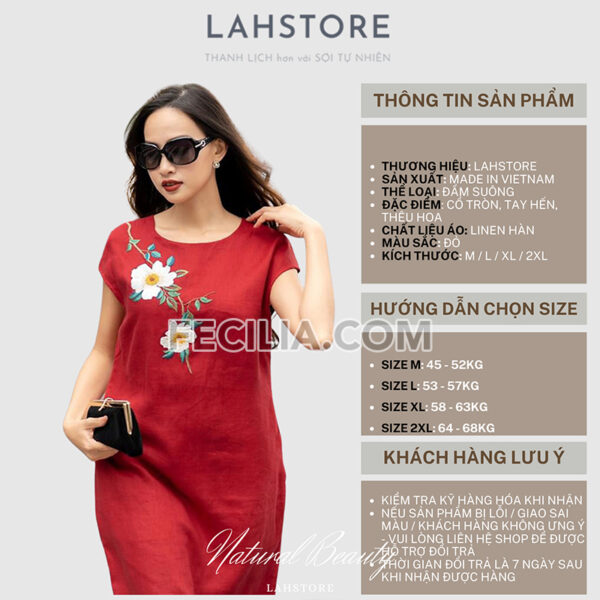 Đầm Linen Nữ LAHSTORE, đầm trung niên dự tiệc thêu hoa đỏ tươi |FAW372