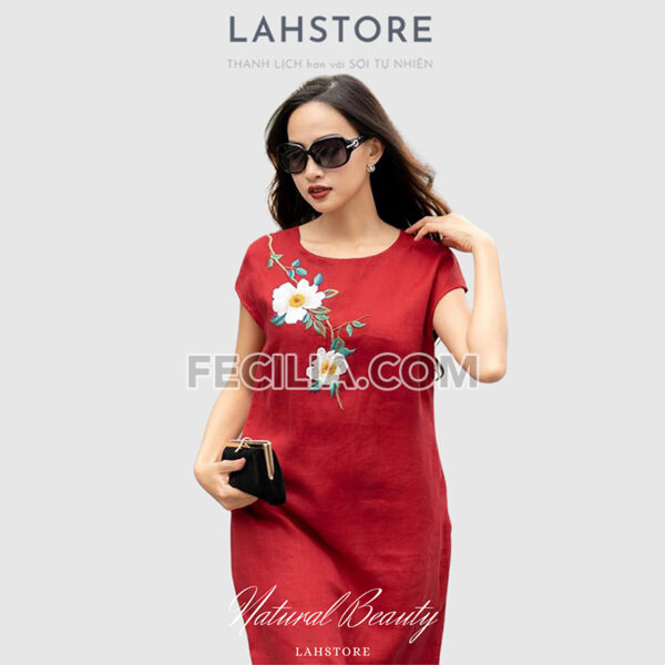 Đầm Linen Nữ LAHSTORE, đầm trung niên dự tiệc thêu hoa đỏ tươi |FAW372