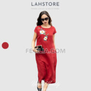 Đầm Linen Nữ LAHSTORE, đầm trung niên dự tiệc thêu hoa đỏ tươi |FAW372