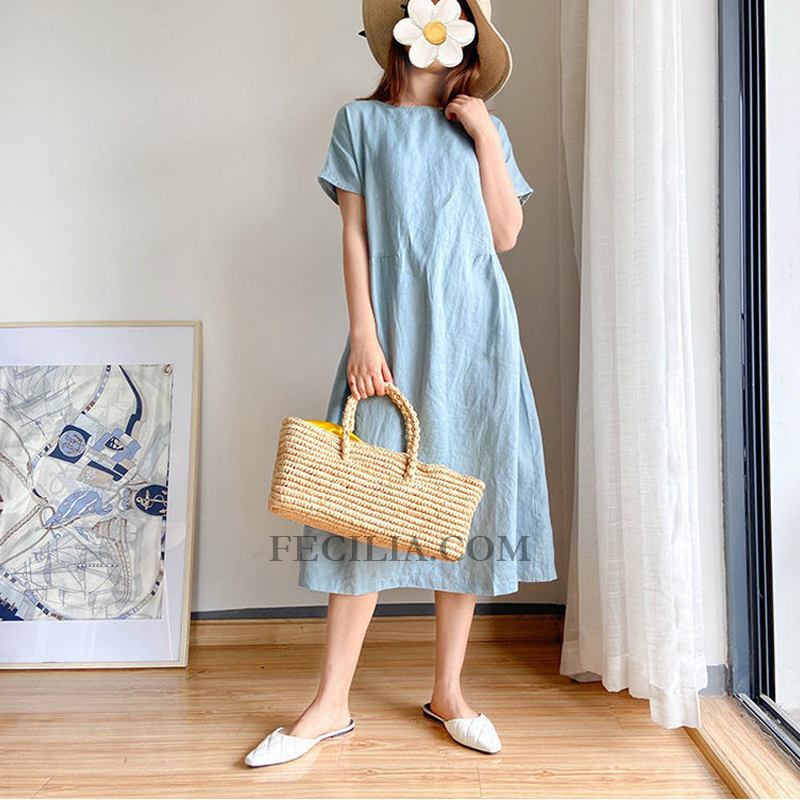 Đầm Linen Suông cổ tròn ngắn tay Form suông trơn P23740_04