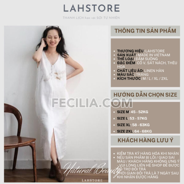 Đầm Linen Suông Nữ 2 lớp thêu hoa LAHSTORE sát nách cổ V |FAW374