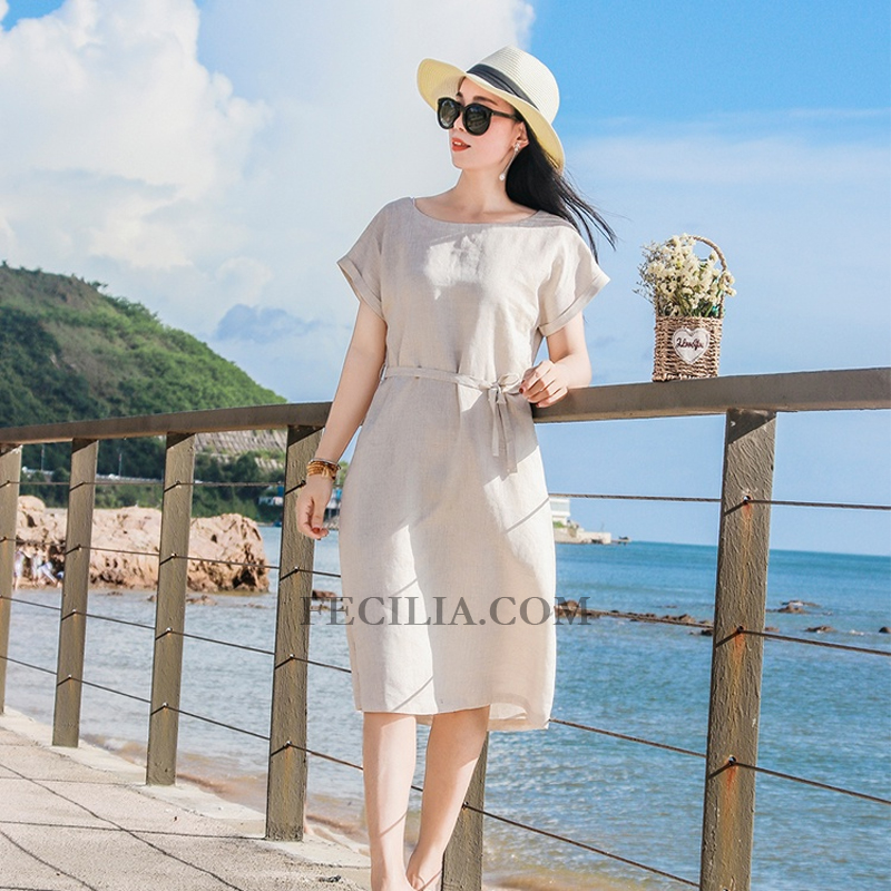 Đầm Midi Linen suông Cổ điển đi biển, đi làm P23740_03