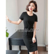 Đầm Nữ cổ điển phối nơ tay ngắn cổ tròn |FAW431