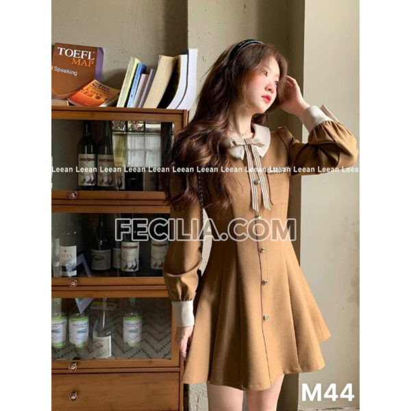 Đầm Nữ cổ điển phối nơ tay ngắn cổ tròn |FAW431