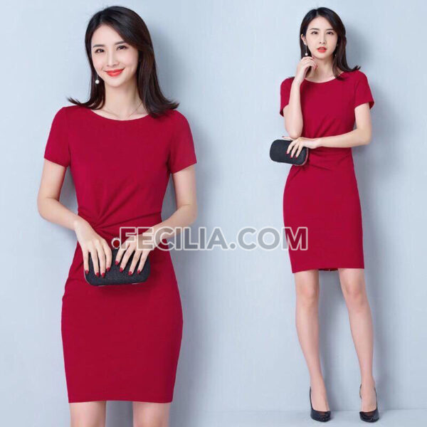 Đầm Nữ cổ điển phối nơ tay ngắn cổ tròn |FAW431