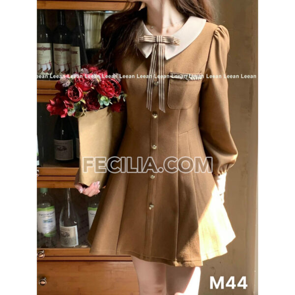 Đầm Nữ cổ điển phối nơ tay ngắn cổ tròn |FAW431