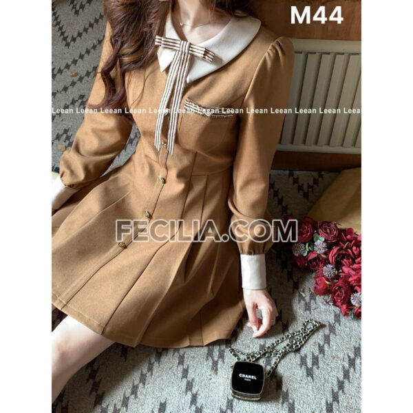Đầm Nữ cổ điển phối nơ tay ngắn cổ tròn |FAW431