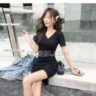 Đầm Nữ tay lửng màu đen cổ chữ V gợi cảm |FAW378