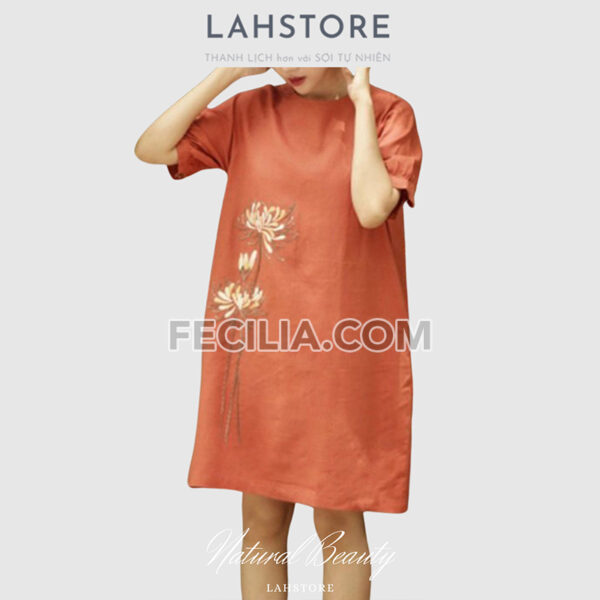 Đầm Nữ trung niên thêu hoa màu Cam đất |FAW366