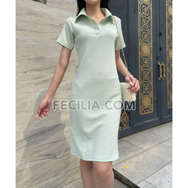 Đầm sơ mi xanh ngọc tay ngắn, chiều dài ngang gối, có cổ |FAW385