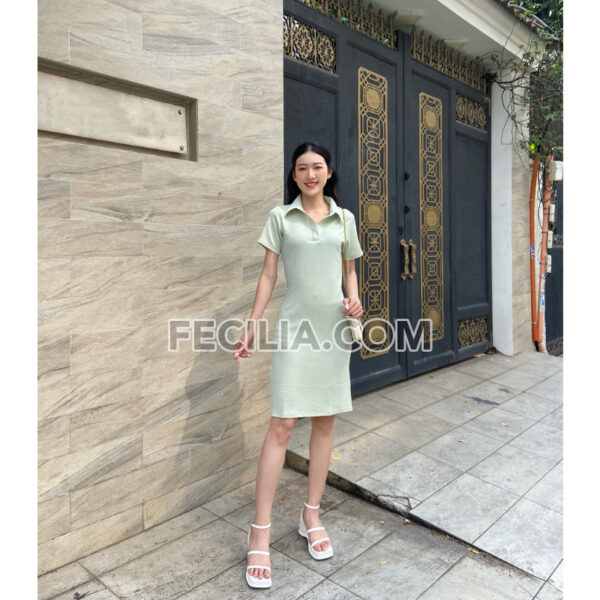 Đầm sơ mi xanh ngọc tay ngắn, chiều dài ngang gối, có cổ |FAW385