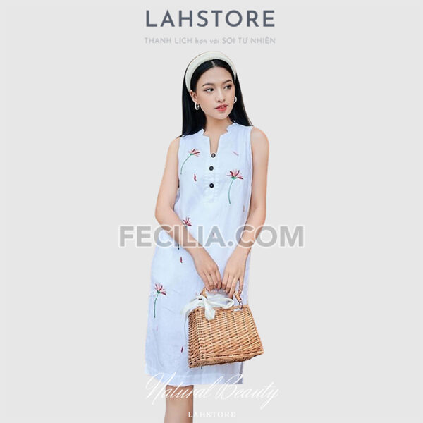 Đầm suông cho Nữ vải Linen cổ tàu, sát nách |FAW365