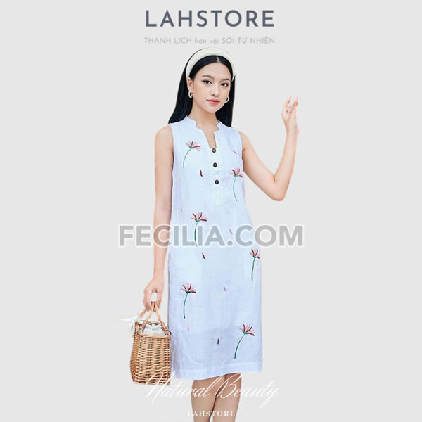 Đầm suông cho Nữ vải Linen cổ tàu, sát nách |FAW365
