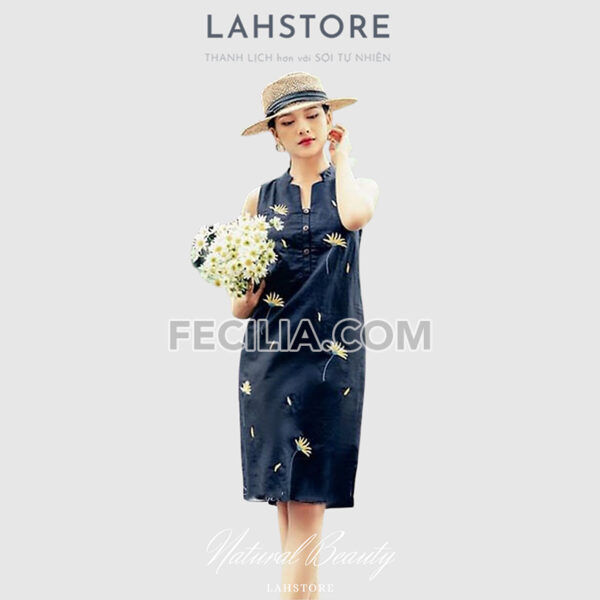 Đầm suông cho Nữ vải Linen cổ tàu, sát nách |FAW365