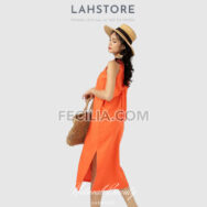 Đầm suông Nữ chất vải Linen LAHSTORE kiểu yếm nơ lưng màu xanh lá |FAW373