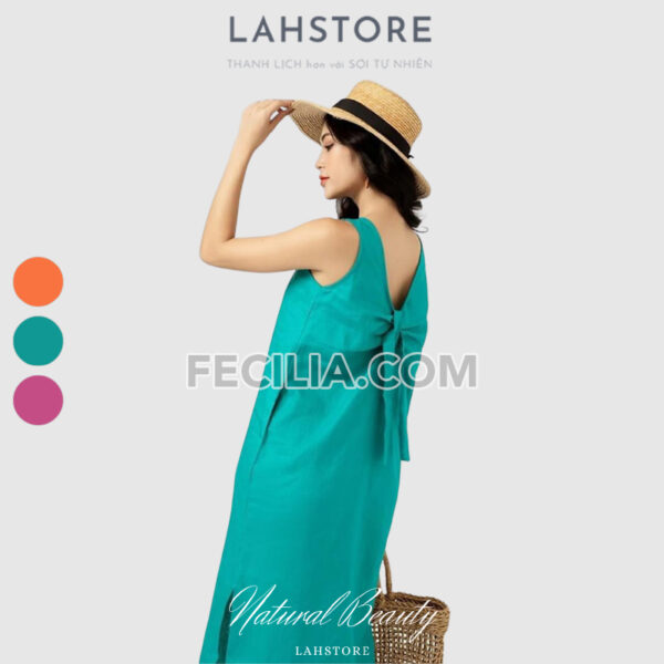 Đầm suông Nữ chất vải Linen LAHSTORE kiểu yếm nơ lưng màu xanh lá |FAW373