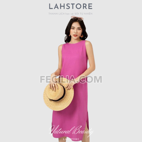 Đầm suông Nữ chất vải Linen LAHSTORE kiểu yếm nơ lưng màu xanh lá |FAW373