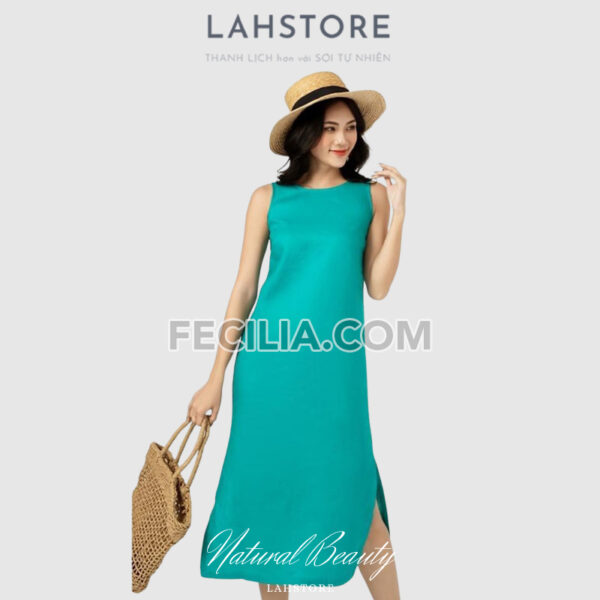 Đầm suông Nữ chất vải Linen LAHSTORE kiểu yếm nơ lưng màu xanh lá |FAW373