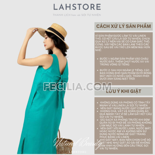 Đầm suông Nữ chất vải Linen LAHSTORE kiểu yếm nơ lưng màu xanh lá |FAW373