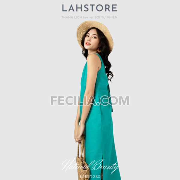 Đầm suông Nữ chất vải Linen LAHSTORE kiểu yếm nơ lưng màu xanh lá |FAW373