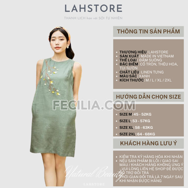 Đầm suông Nữ LAHSTORE chất Linen thiết kế sát nách màu Xanh Rêu |FAW371