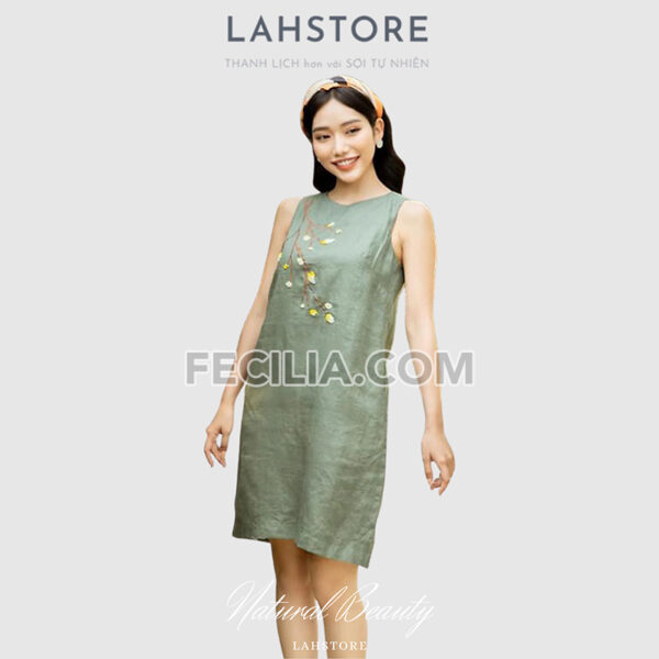 Đầm suông Nữ LAHSTORE chất Linen thiết kế sát nách màu Xanh Rêu |FAW371
