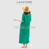 Đầm suông Nữ vải Linen tay lỡ 2 cổ tim LAHSTORE |FAW376