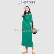 Đầm suông Nữ vải Linen tay lỡ 2 cổ tim LAHSTORE |FAW376