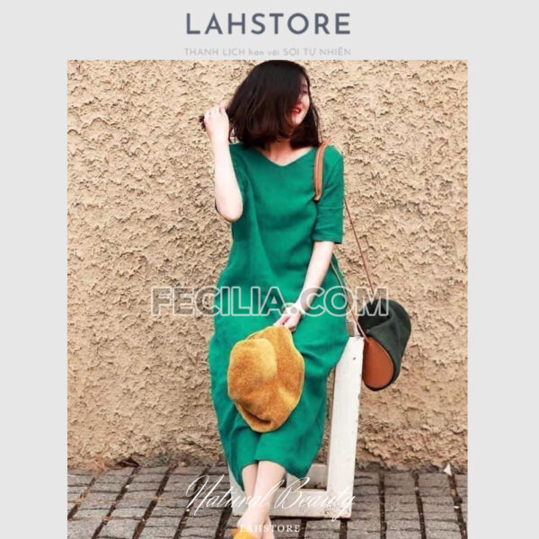 Đầm suông Nữ vải Linen tay lỡ 2 cổ tim LAHSTORE |FAW376