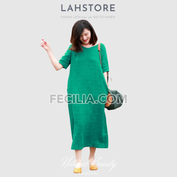 Đầm suông Nữ vải Linen tay lỡ 2 cổ tim LAHSTORE |FAW376