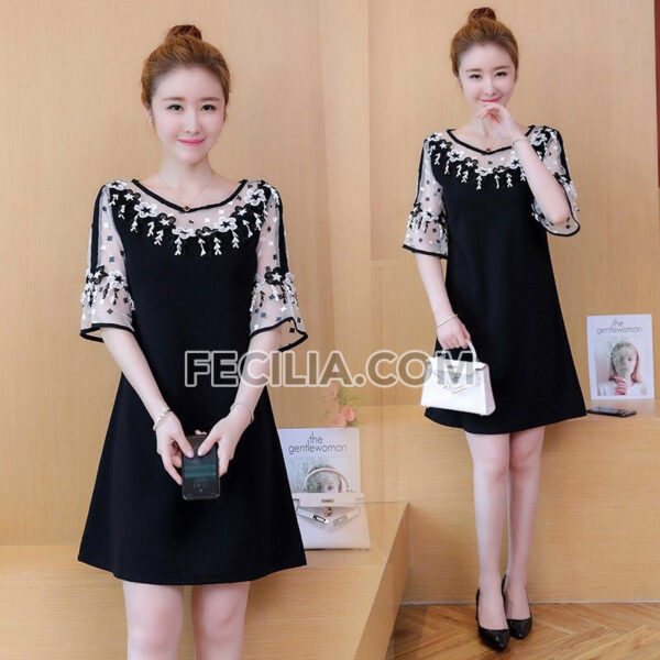 Đầm suông phối ren màu đen Big Size giấu bụng |FAW387