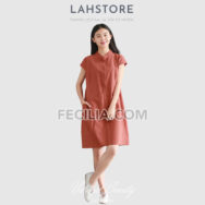 Đầm suông vải đũi tay ngắn cổ trụ màu đỏ đất LAHSTORE | FAW370