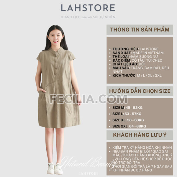 Đầm suông vải đũi tay ngắn cổ trụ màu đỏ đất LAHSTORE | FAW370