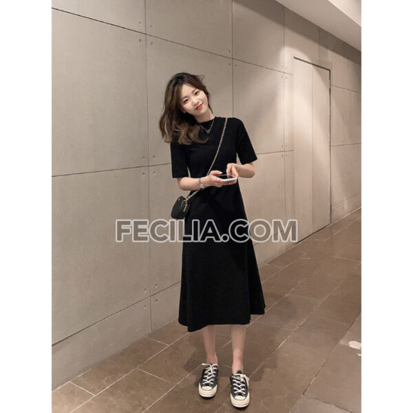 Đầm thun dài cổ tròn xòe váy màu đen |FAW392