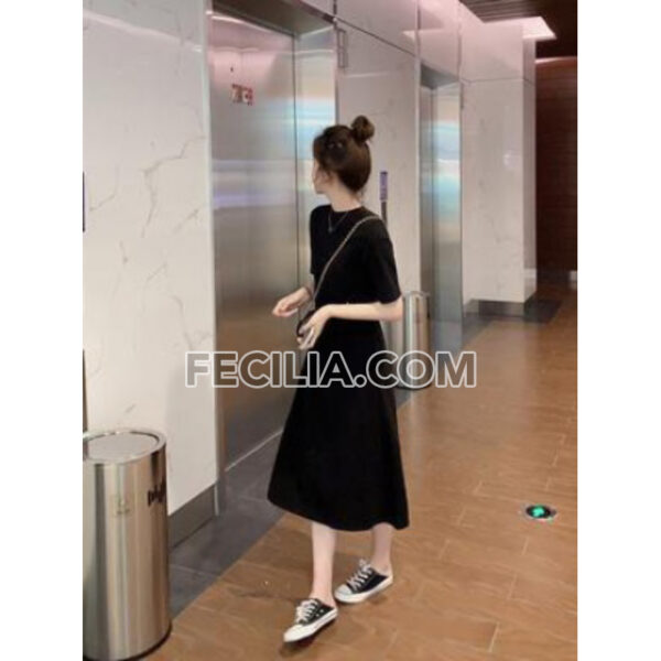 Đầm thun dài cổ tròn xòe váy màu đen |FAW392