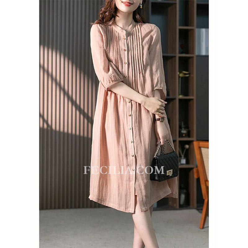  Đầm váy suông sơ mi Linen Lụa Hàn tay lỡ cổ tầu 